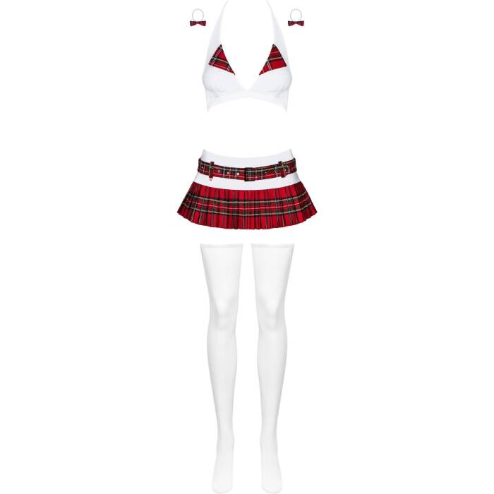 Еротичний костюм школярки з мініспідницею Obsessive Schooly 5pcs costume S/M, біло-червоний, топ, сп