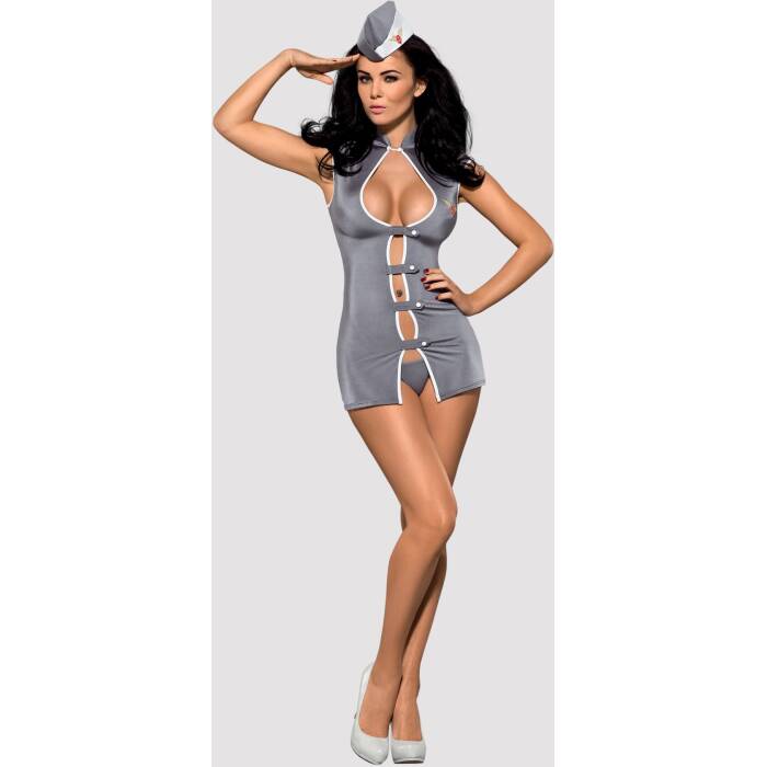 Еротичний костюм стюардеси Obsessive Stewardess 3 pcs costume grey S/M, сірий, сукня, стрінги, пілот