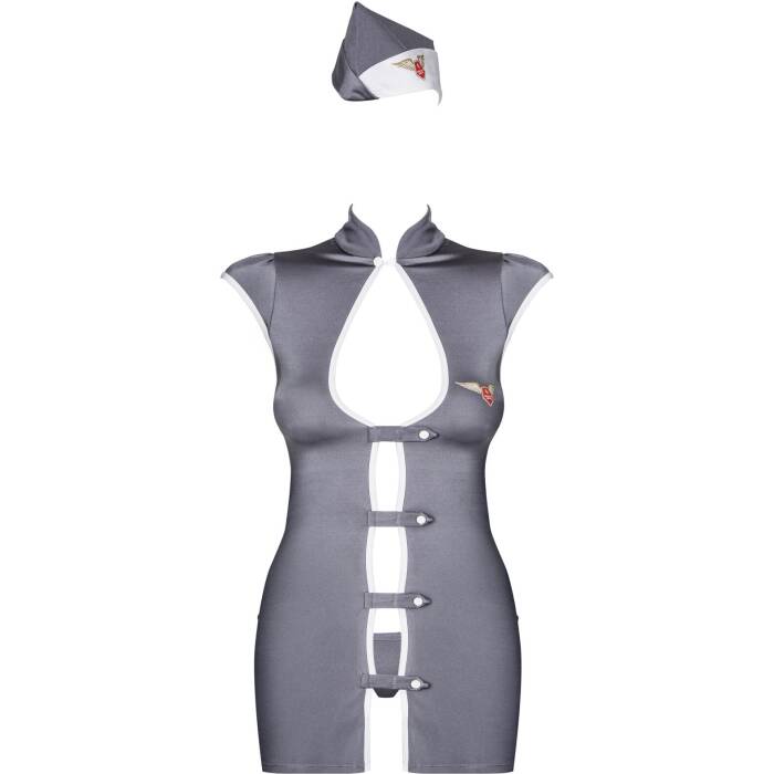 Еротичний костюм стюардеси Obsessive Stewardess 3 pcs costume grey S/M, сірий, сукня, стрінги, пілот