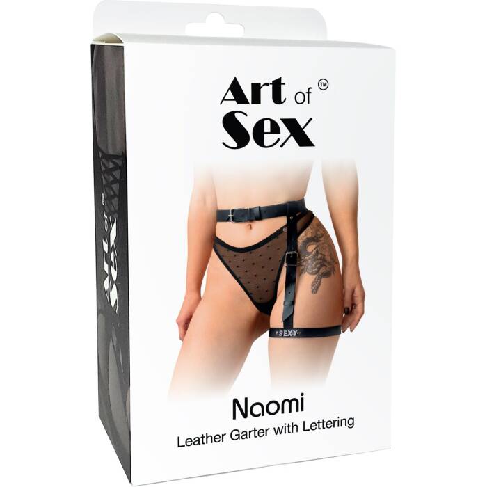 Гартер на ногу Art of Sex - Naomi з написом SEXY, натуральна шкіра, розмір XS-2XL, колір чорний