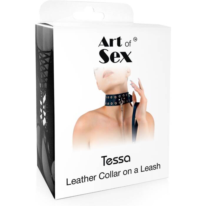 Нашийник Art of Sex - Tessa з повідцем з натуральної шкіри, колір чорний
