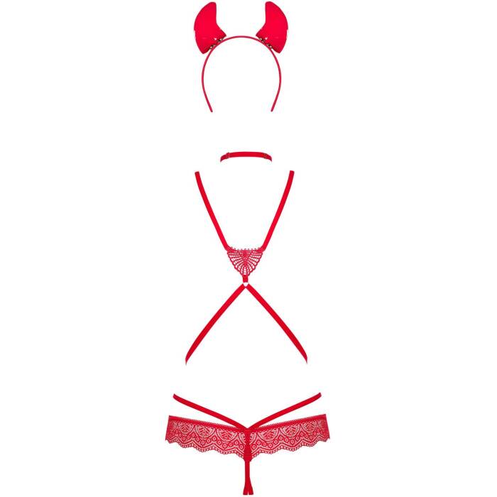 (SALE) Еротичний костюм чортика зі стреп Obsessive Evilia teddy red L/XL, боді, чокер, накладки на соски, о