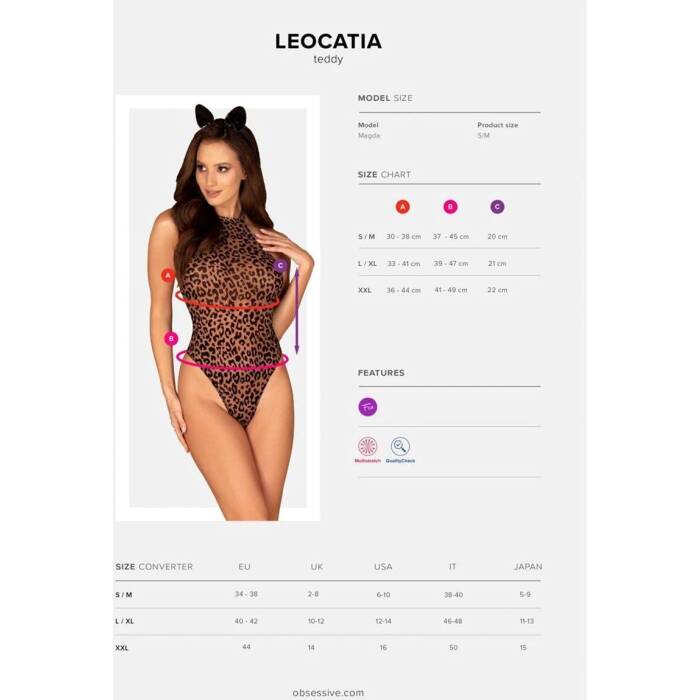 Еротичний костюм леопарда Obsessive Leocatia teddy S/M, боді, обруч з вушками