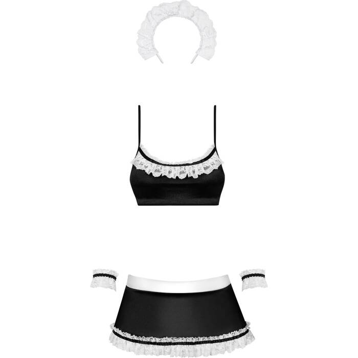 Атласний еротичний костюм покоївки Obsessive Maid set S/M, black, 5 предметів