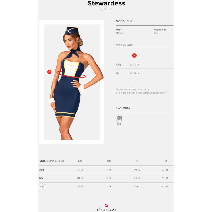 Еротичний костюм стюардеси Obsessive Stewardess uniform XS/S, blue, сукня, пілотка, шарф, манжети