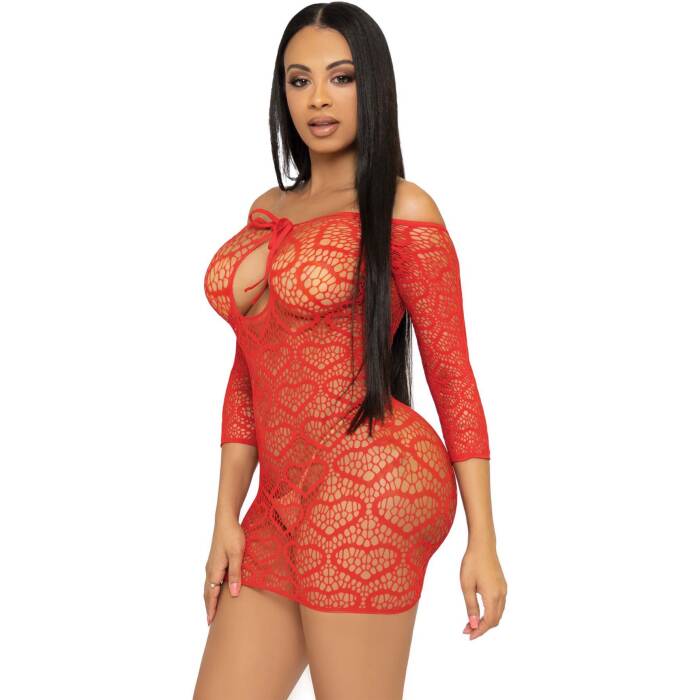 Сукня-сітка з сердечками Leg Avenue Heart net mini dress Red, зав’язки, відкриті плечі, one size