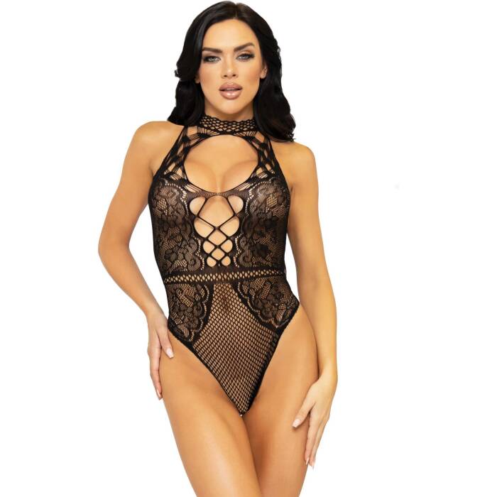 Leg Avenue Net and lace halter bodysuit OS Black