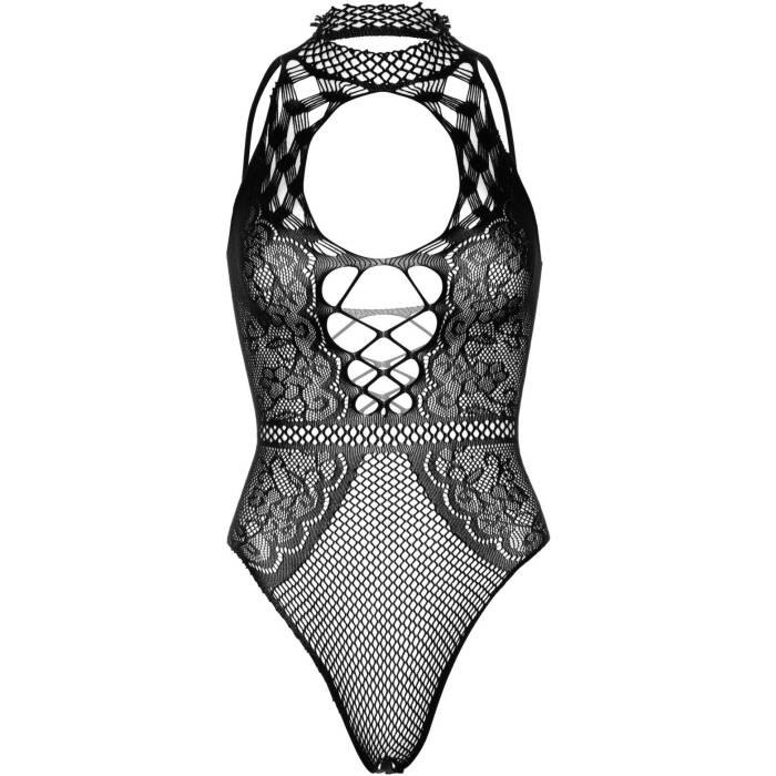 Leg Avenue Net and lace halter bodysuit OS Black