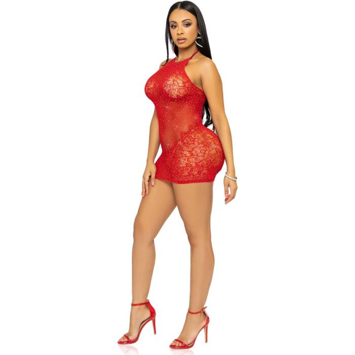 Сукня-сітка зі стразами Leg Avenue Rhinestone halter mini dress Red, відкрита спина, one size