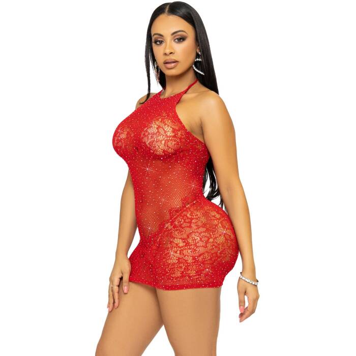 Сукня-сітка зі стразами Leg Avenue Rhinestone halter mini dress Red, відкрита спина, one size