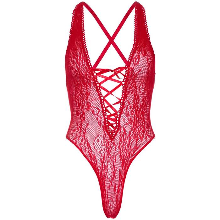 Мереживне боді Leg Avenue Floral lace thong teddy Red, шнурівка на грудях, one size