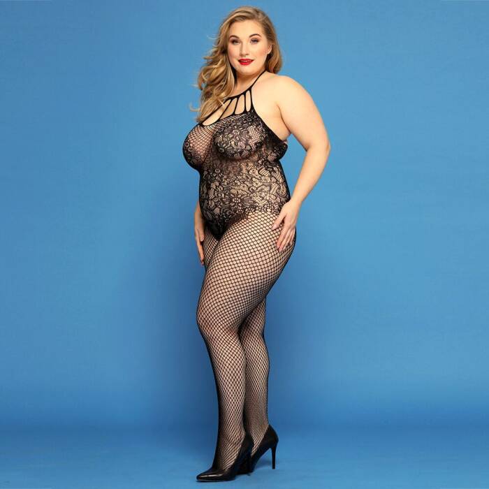 Сітчастий бодістокінг JSY «Відверта Мадлен» Plus Size, Black, імітація боді, мереживо, доступ