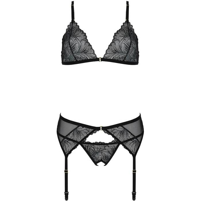 Комплект з відкритим доступом Passion DELIENA SET L/XL black, ліф, стрінги, пояс для панчіх