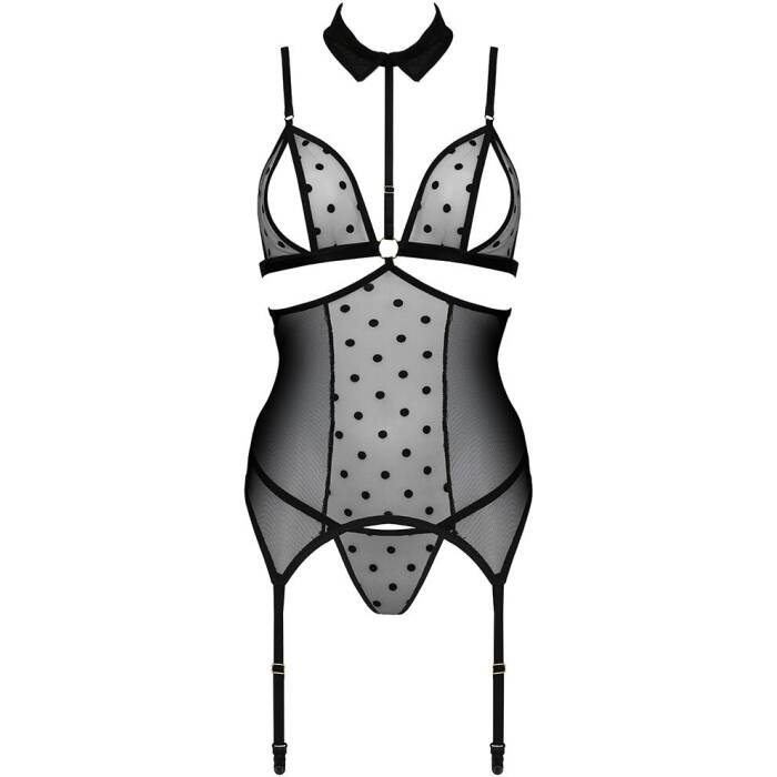 Корсет з відкритими грудьми Passion DOMINICA CORSET L/XL black, пажі для панчіх, стрінги