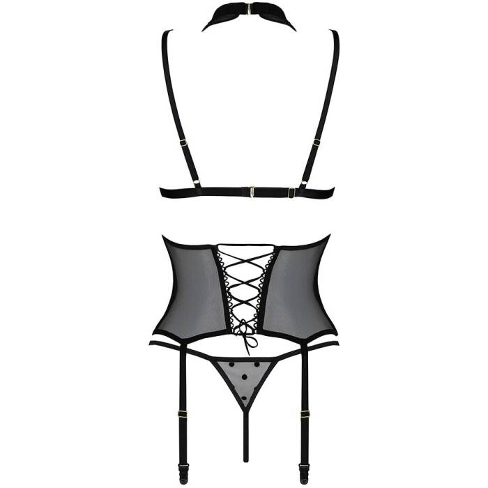 Корсет з відкритими грудьми Passion DOMINICA CORSET L/XL black, пажі для панчіх, стрінги