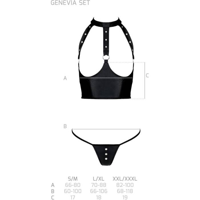 Комплект білизни з відкритими грудьми Passion GENEVIA SET WITH OPEN BRA L/XL black, корсет, стрінги