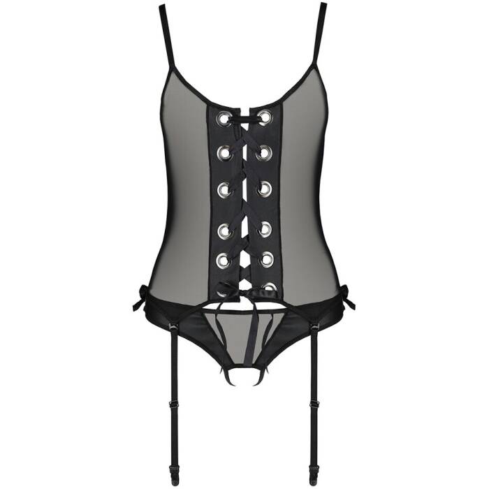 Корсет зі шнурівкою Passion NESSY CORSET L/XL black, стрінги з відкритим доступом, пажі для панчіх