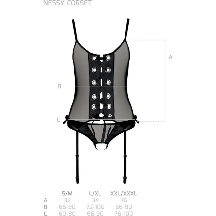 Корсет зі шнурівкою Passion NESSY CORSET L/XL black, стрінги з відкритим доступом, пажі для панчіх