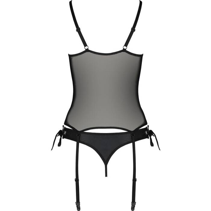 Корсет зі шнурівкою Passion NESSY CORSET S/M black, стрінги з відкритим доступом, пажі для панчіх