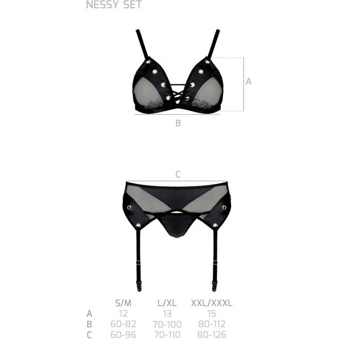 Комплект білизни Passion NESSY SET S/M black, бюстгальтер, пояс для панчіх, стрінги