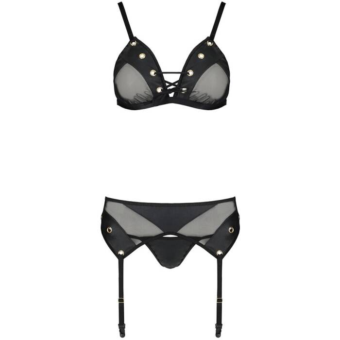 Комплект білизни Passion NESSY SET S/M black, бюстгальтер, пояс для панчіх, стрінги