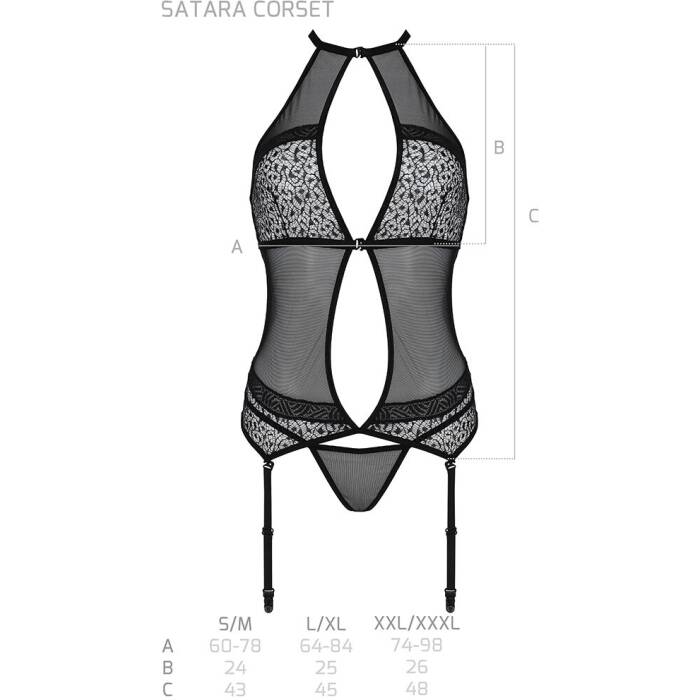 Корсет з пажами Passion SATARA CORSET L/XL black, стрінги, мереживо, застібки спереду та ззаду