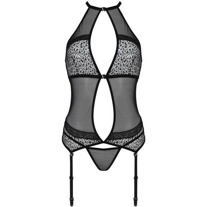 Корсет з пажами Passion SATARA CORSET L/XL black, стрінги, мереживо, застібки спереду та ззаду