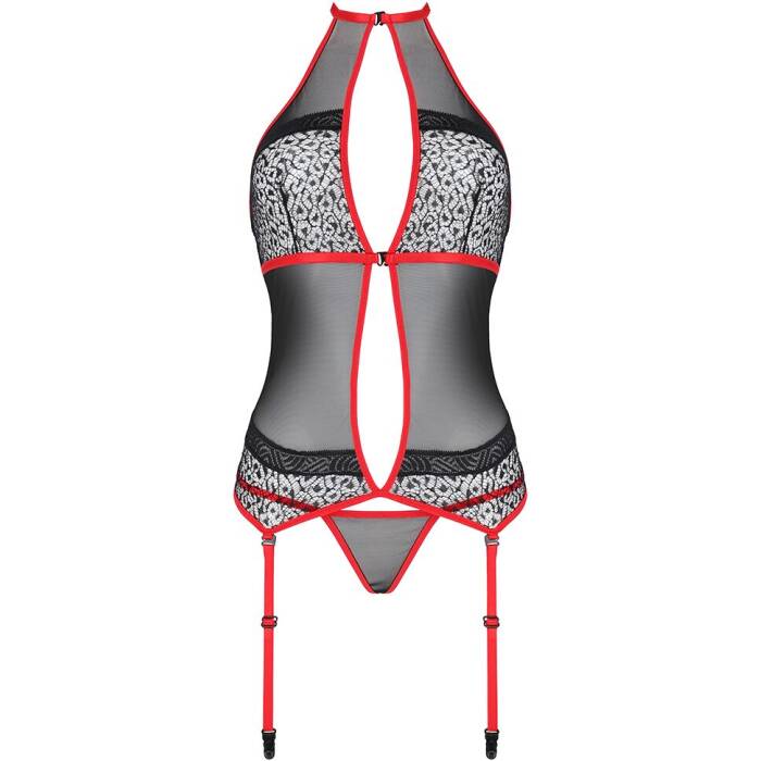 Корсет з пажами PassionSATARA CORSET L/XL red, стрінги, мереживо, застібки спереду та ззаду