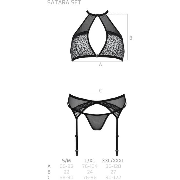 Комплект білизни Passion SATARA SET L/XL black, топ, пояс для панчіх, стрінги