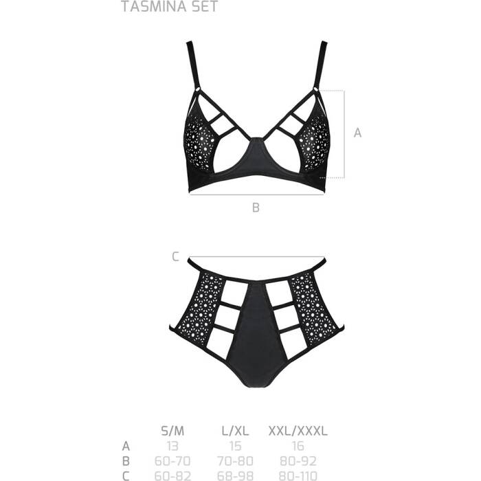 Комплект білизни Passion TASMINA SET S/M black, ліф, високі трусики з корсетом ззаду