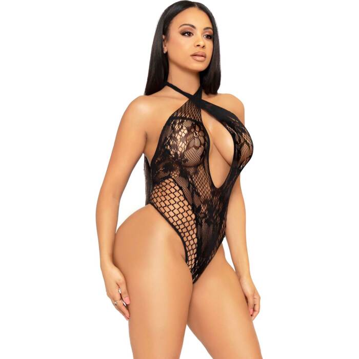 Мереживне тедді Leg Avenue Lace and net halter teddy One size Black, глибокий виріз, халтер