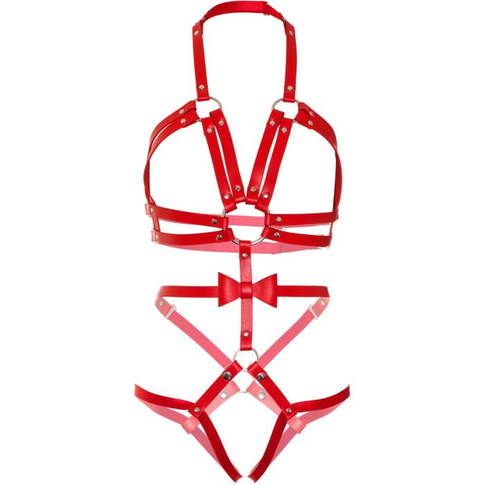 Портупея-тедді з ременів Leg Avenue Studded O-ring harness teddy S Red, екошкіра