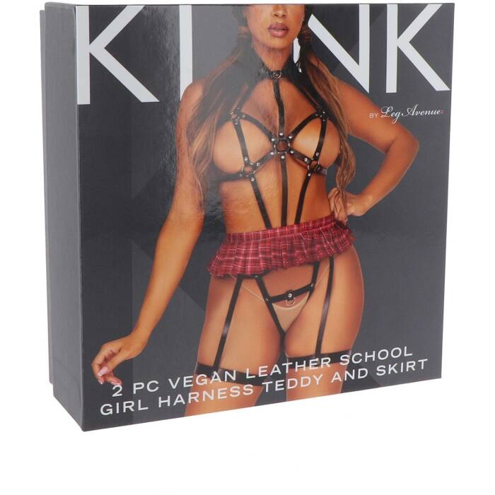 BDSM-костюм учениці Leg Avenue Harness teddy & skirt M Black, портупея, мініспідниця, екошкіра