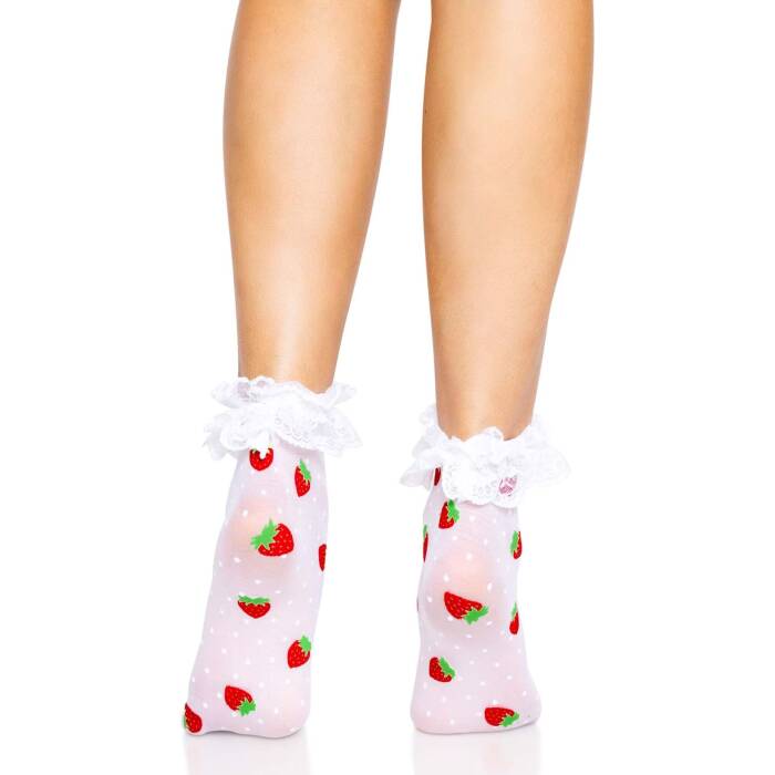 Шкарпетки жіночі з полуничним принтом Leg Avenue Strawberry ruffle top anklets One size, мереживні м