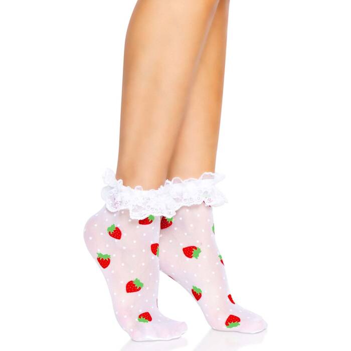 Шкарпетки жіночі з полуничним принтом Leg Avenue Strawberry ruffle top anklets One size, мереживні м