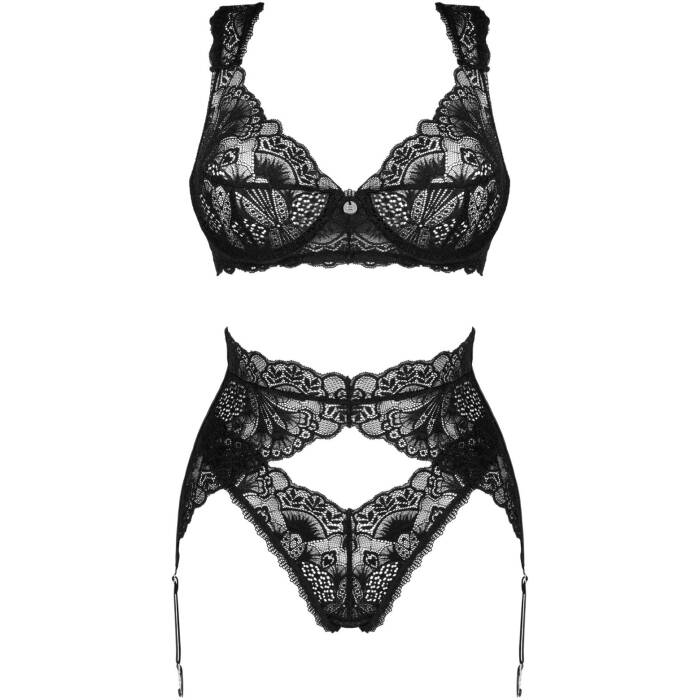 Комплект білизни Obsessive Donna Dream 3-pcs set M/L Black, бюстгальтер, стрінги, пояс для панчіх