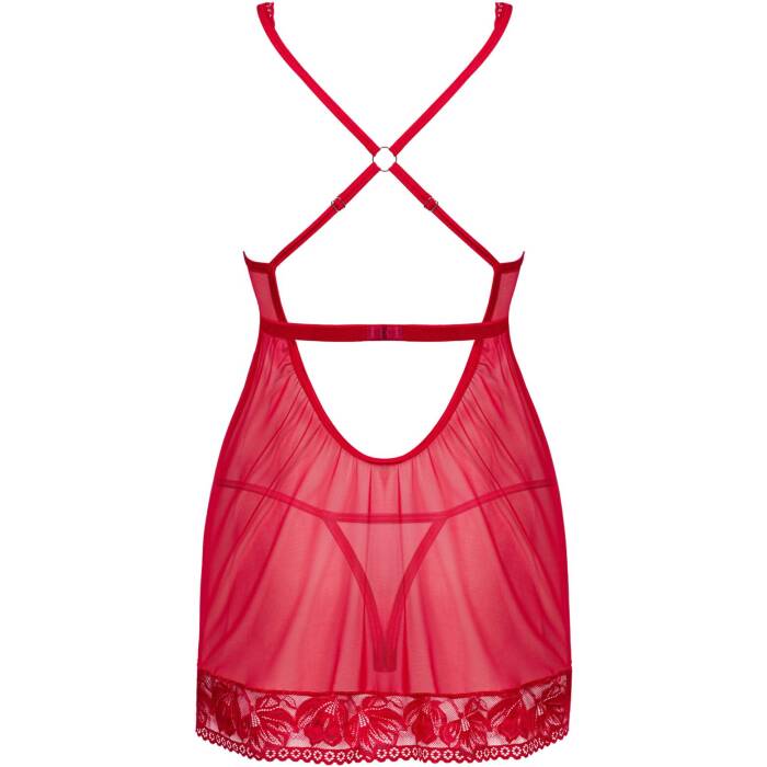 Прозора сорочка бебі-дол Obsessive Lacelove babydoll & thong XS/S Red, мереживо, стрінги