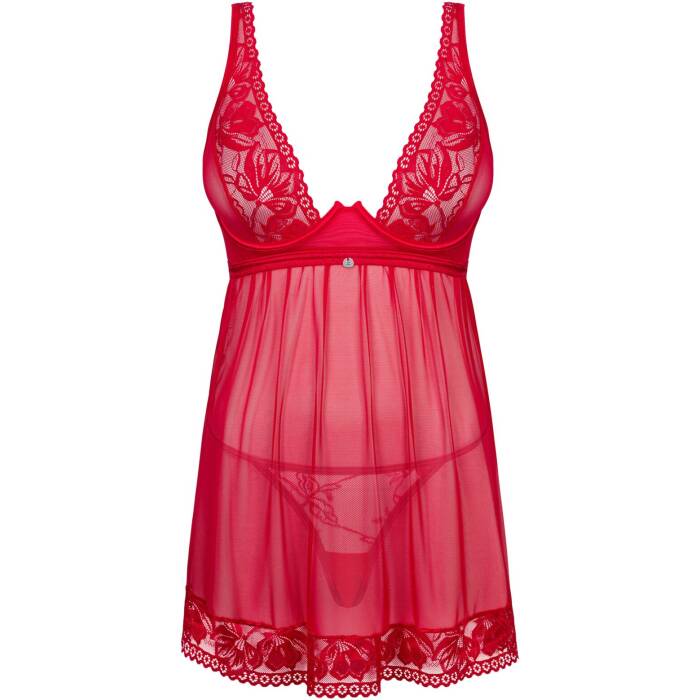 Прозора сорочка бебі-дол Obsessive Lacelove babydoll & thong XS/S Red, мереживо, стрінги