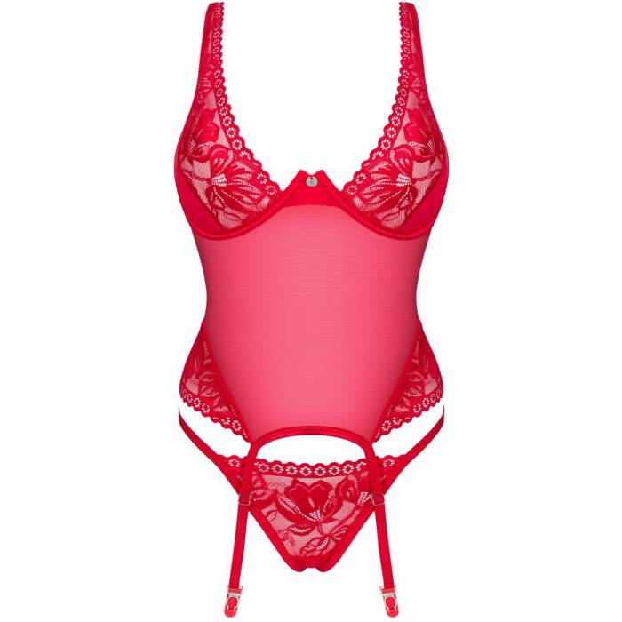 Прозорий корсет Obsessive Lacelove corset XL/2XL Red, мереживо, підв’язки для панчіх