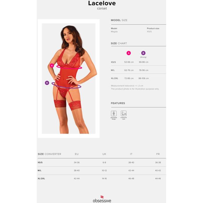 Прозорий корсет Obsessive Lacelove corset XL/2XL Red, мереживо, підв’язки для панчіх