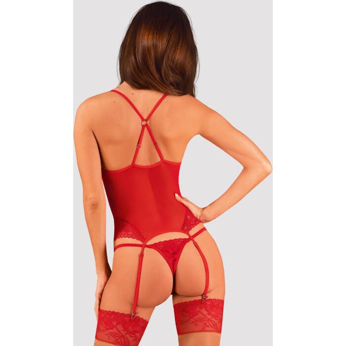 Прозорий корсет Obsessive Lacelove corset XL/2XL Red, мереживо, підв’язки для панчіх
