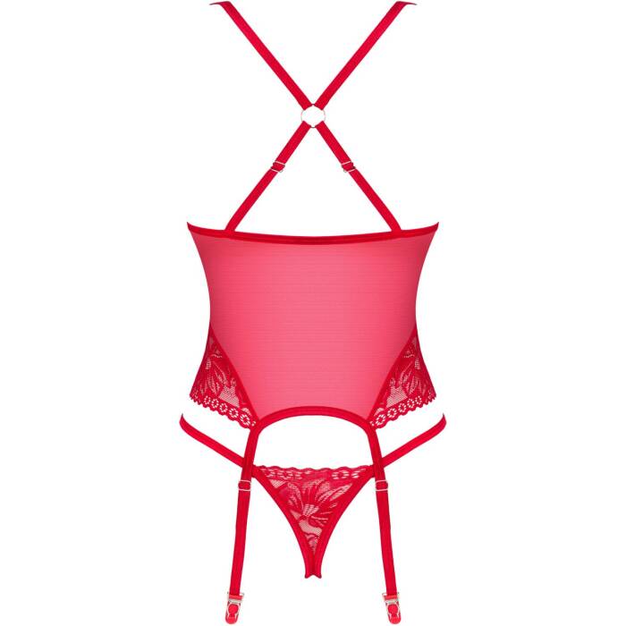 Прозорий корсет Obsessive Lacelove corset XL/2XL Red, мереживо, підв’язки для панчіх