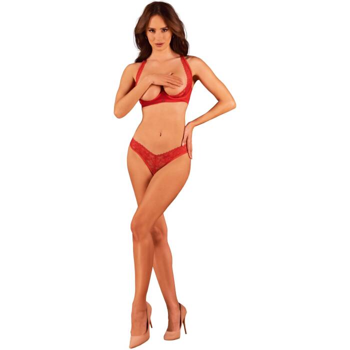 Комплект білизни Obsessive Lacelove cupless 2-pcs set XS/S Red, відкритий доступ, відкриті груди