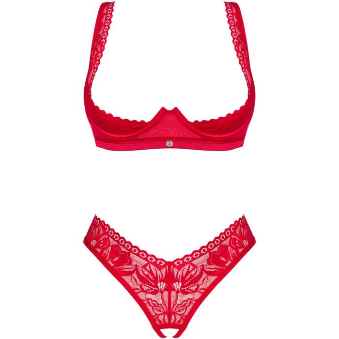 Комплект білизни Obsessive Lacelove cupless 2-pcs set XS/S Red, відкритий доступ, відкриті груди