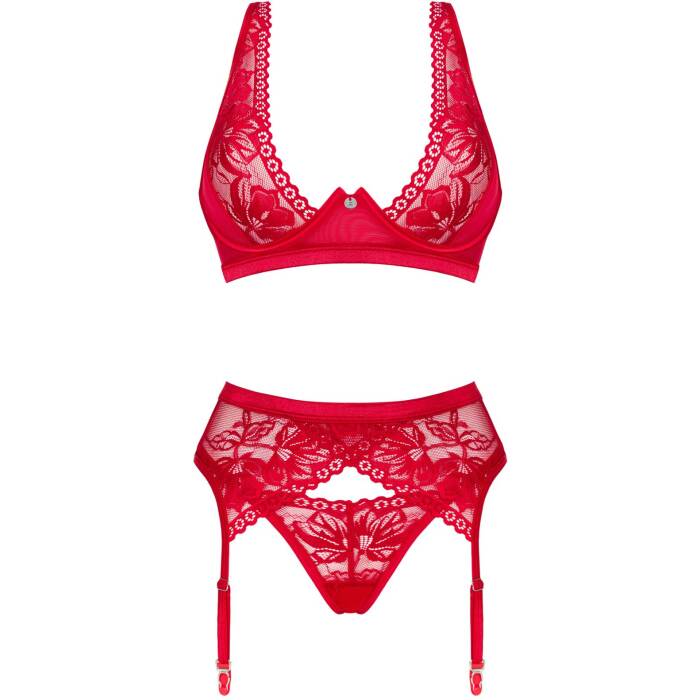 Комплект білизни Obsessive Lacelove cupless 3-pcs set M/L Red, бюстгальтер, стрінги, пояс для панчіх