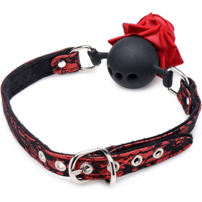 Кляп з трояндою Master Series: Eye-Catching Ball Gag With Rose, чорно-червоний