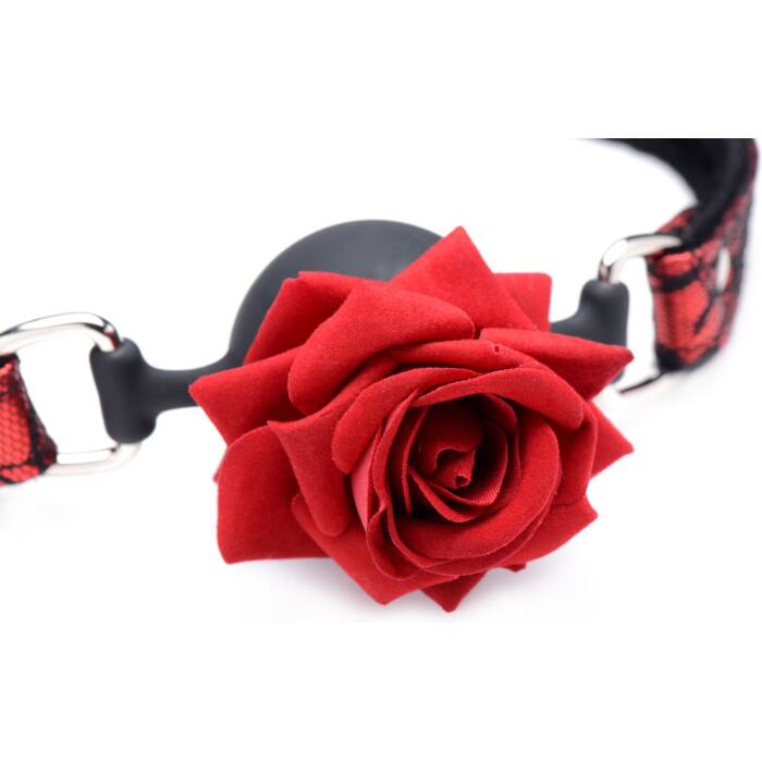 Кляп з трояндою Master Series: Eye-Catching Ball Gag With Rose, чорно-червоний