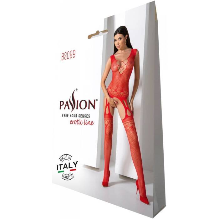 Бодістокінг з плетінням на грудях Passion BS099 One Size, red, відкритий доступ, імітація підв’язок