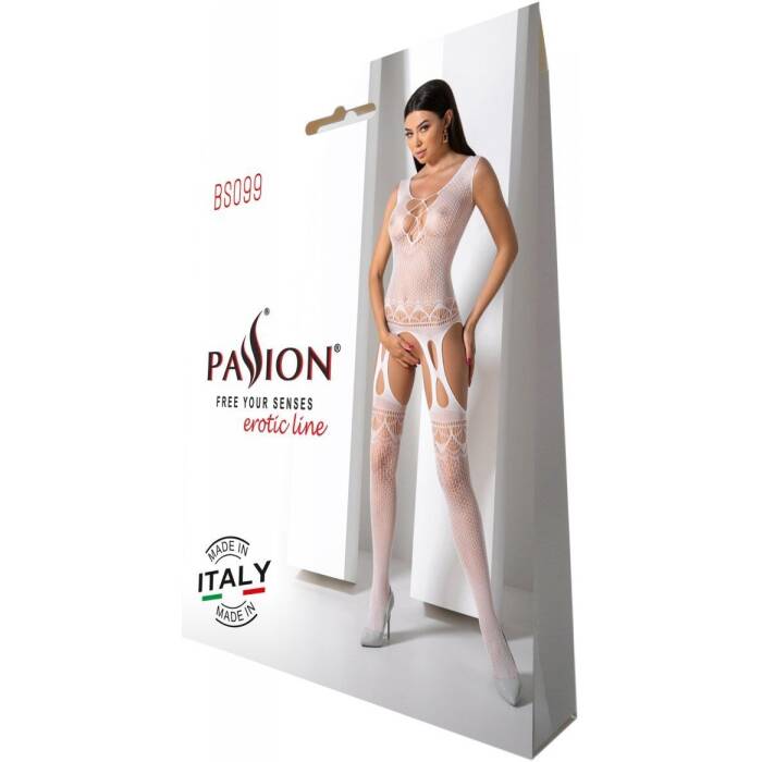 Бодістокінг з плетінням на грудях Passion BS099 One Size, white, відкритий доступ, імітація підв’язо