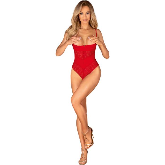 Боді з доступом Obsessive Ingridia crotchless teddy XS/S, червоне, відкриті груди